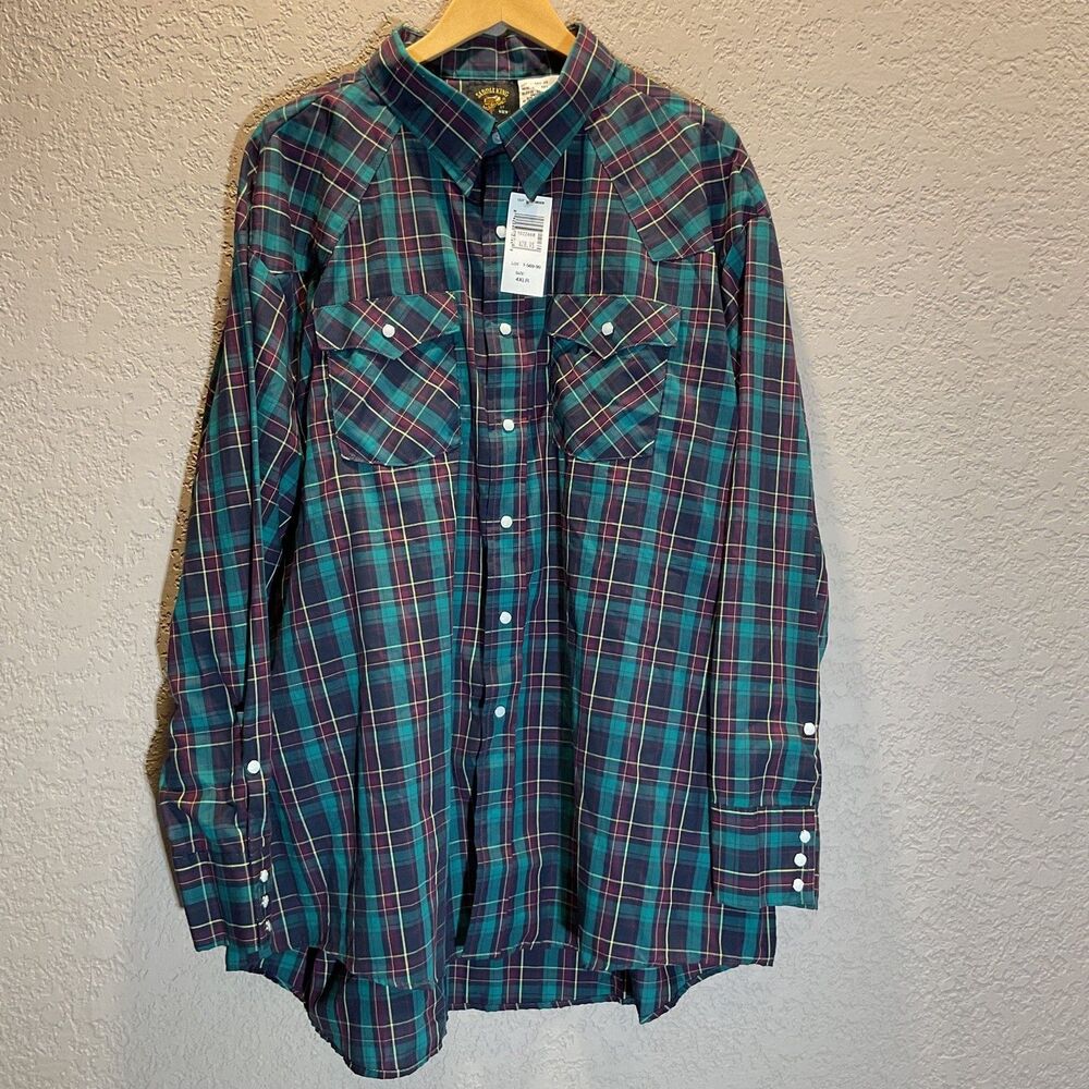 NEW Saddle King Western Button Up Shirt 4XL Green Plaid Pearl Snap